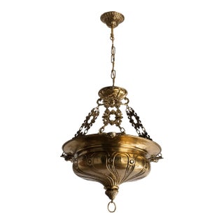 1930s European Art Deco Brass Dish Pendant Light, Embossed Statement Chandelier For Sale