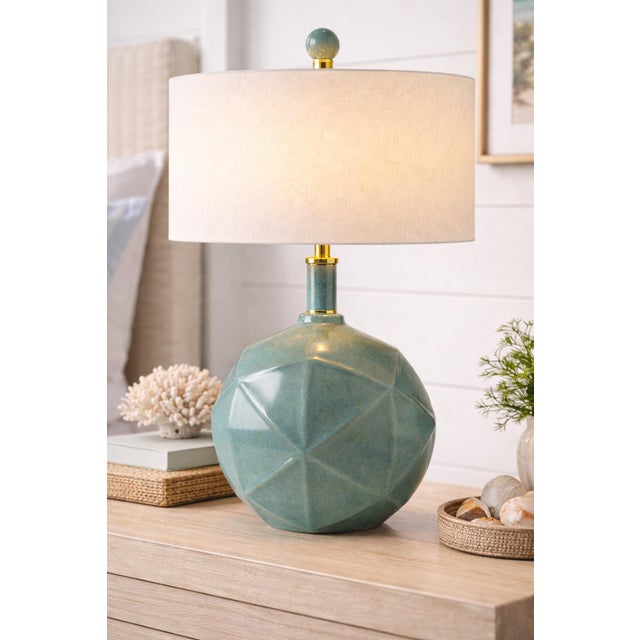 Coastal Modern Faceted Ceramic Table Lamp in Sea Glass Glaze With Brass Accents For Sale - Image 4 of 7