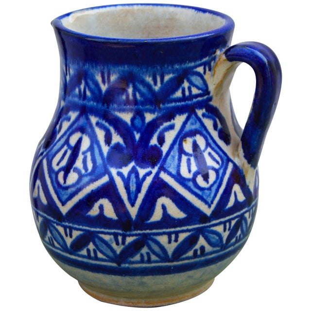 Blue Moroccan Ceramic Pitcher For Sale - Image 4 of 11
