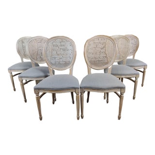 Vintage Louis XVI Medallion Cane Back Dining Chairs, Reupholstered - Set of 6 For Sale