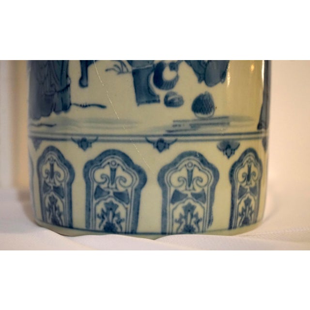 Early 20th Century Chinese Blue and White Porcelain Cylindrical Bough Vase With Landscape Scene For Sale - Image 5 of 11