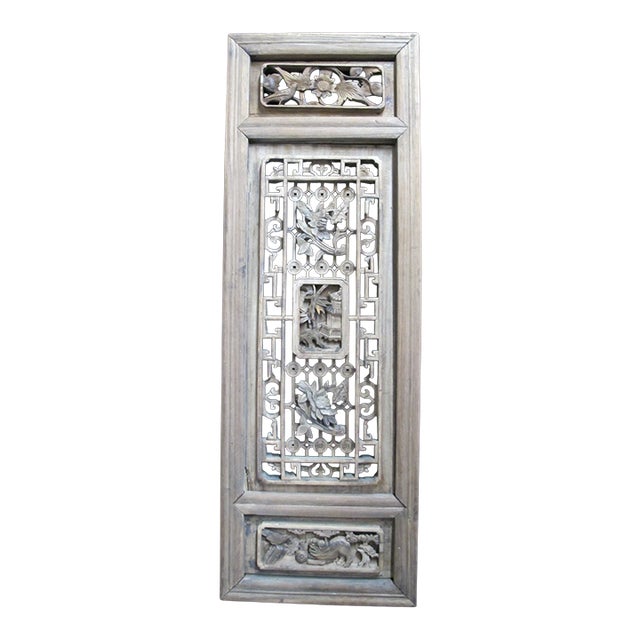 Chinese Carved Lattice Bird Pagoda Foo Dog Wood Window Shutter Screen Art Panel For Sale