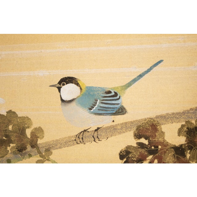 "Tit and Chrysanthemums", Showa Era Japanese Painted Silk Bybu Screen For Sale - Image 11 of 18