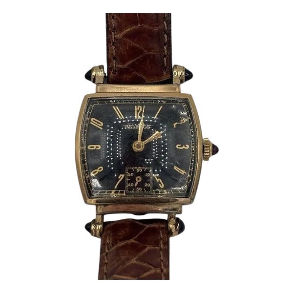 Vintage 1940s Helbros Tonneau Shape Gold Filled Art Deco Mens Manual Dress Watch w/ Rubies