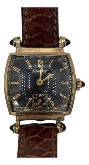 1940s Helbros Tonneau Shape Gold Filled Art Deco Mens Manual Dress Watch w/ Rubies