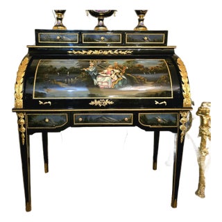 Louis XV Roll Top Secretary Desk – Hand Painted Black Bureau With Gold Leaf Details For Sale