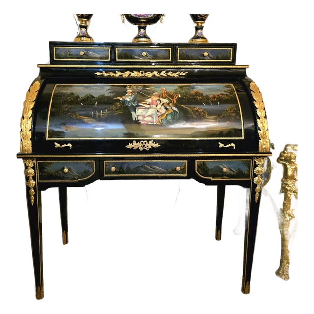 Louis XV Roll Top Secretary Desk – Hand Painted Black Bureau With Gold Leaf Details For Sale