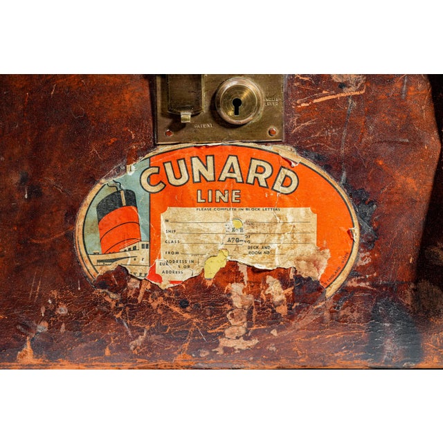 Timeworn Antique English Leather Cunard Label Case Box Home Decor Prop Storage For Sale In New York - Image 6 of 17
