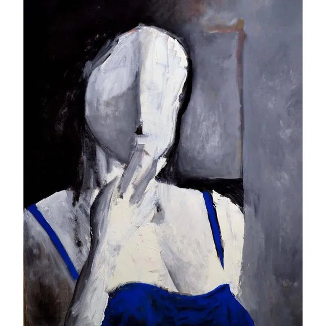 Figurative oil painting of a woman in blue by San Francisco artist Michael William Eggleston (American, 20th c.).From a...