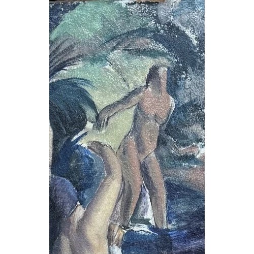 Antique 1925 Clement Haupers Oil on Board Art Deco Bathers Framed & With Labels For Sale - Image 4 of 10