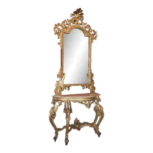 Late 19th Century Antique Gilded Wood & Marble Console Table and Mirror