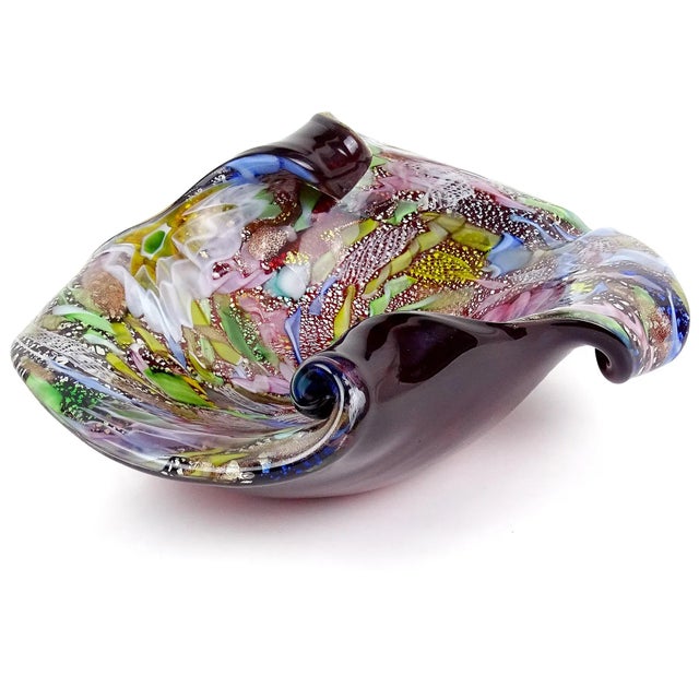 Murano AVeM Vintage Red Millefiori Flowers Silver Flecks Rainbow Ribbon Italian Art Glass Bowl For Sale In Orlando - Image 6 of 10