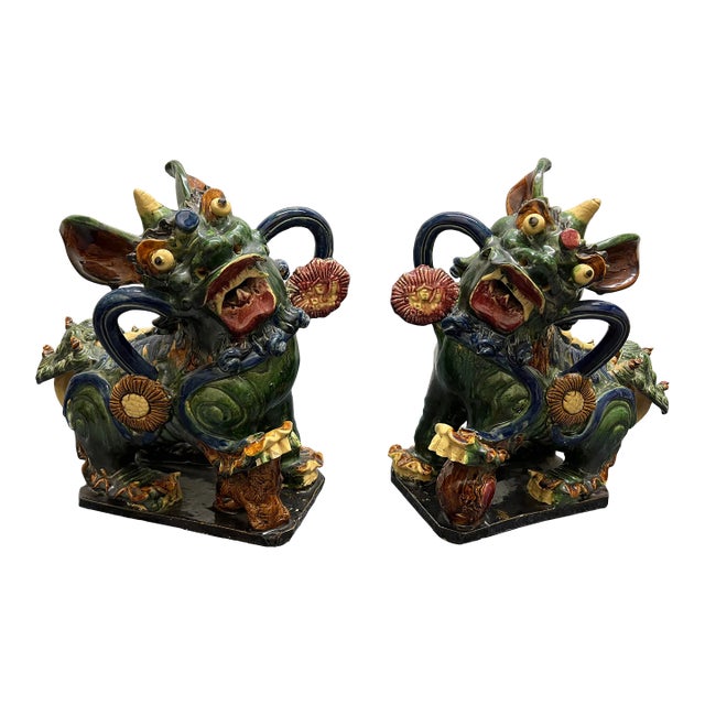 Antique Italian Majolica Chinese Foo Dog or Guardian Lion Sculptures- a Pair For Sale