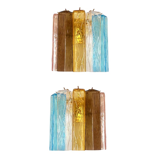 Vintage Multicolored Squares Bark Murano Glass Wall Sconces in Barovier Style by Simoeng, Set of 2 For Sale