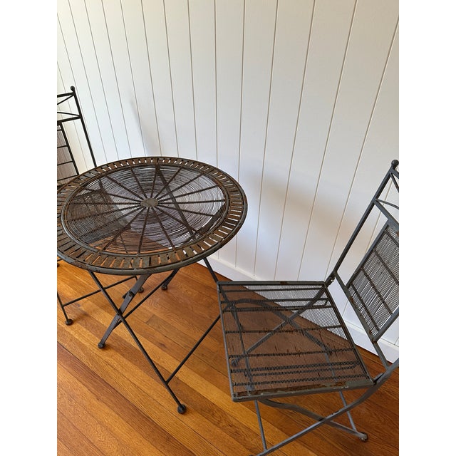 Metal Vintage Iron Folding Bistro Set With Table and Two Chairs For Sale - Image 7 of 8
