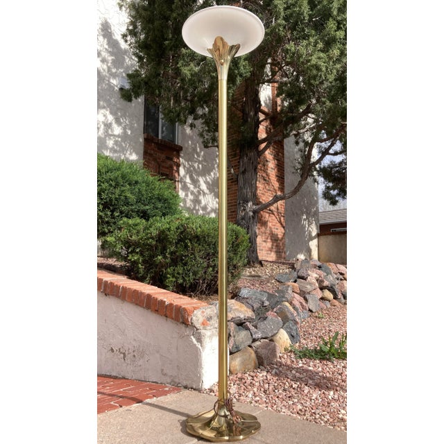 Modernist Solid Brass Tulip Torchiere Floor Lamp Milk Glass Diffuser by the Stiffel Company For Sale - Image 13 of 13