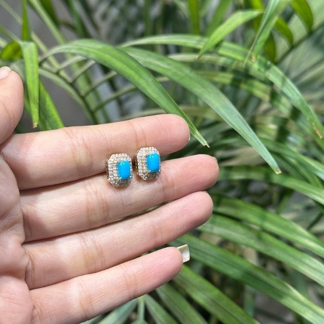 14k Yellow Gold 1.34ct Turquoise Cabochon Diamond Double Halo Stud Earrings- A Pair For Sale - Image 9 of 15