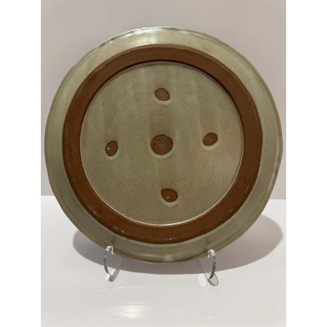 Late 20th Century Vintage Studio Art Pottery Blue Geometric Striped Stoneware Platter 12" Signed For Sale - Image 5 of 8