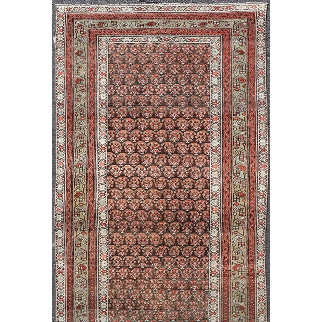 Antique Kurdish Gallery Runner With All-Over Paisley Design in Brown, Red, Green 4'3 X 10'1 For Sale - Image 4 of 10