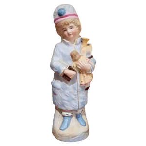 Antique German Bisque Figurine of a Girl Holding Doll and Toys