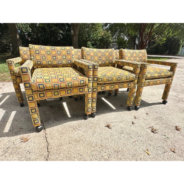 Mid-Century Modern Mid 20th Century Mid-Century Modern Baughman Style Open Arm Parsons Dining Chairs Retro Fabric Set of 6 For Sale - Image 3 of 12
