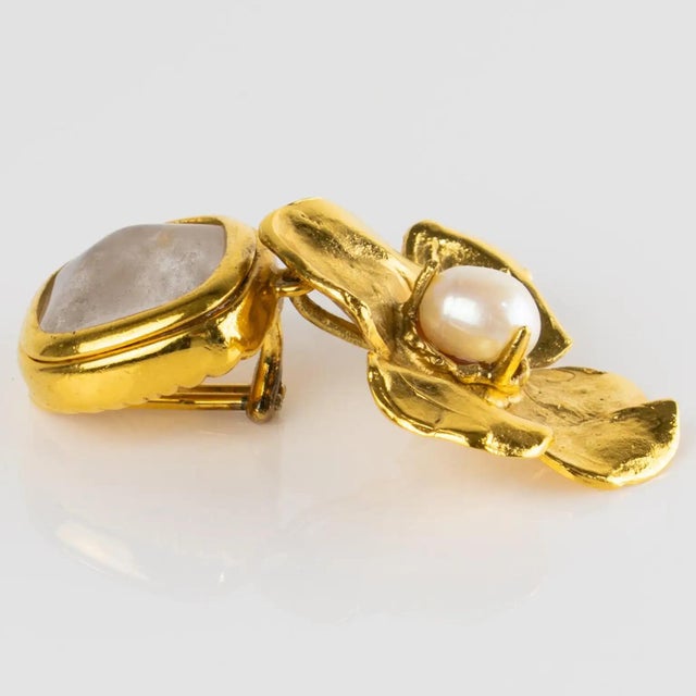 Metal Robert Goossens Gilded Metal Floral Clip Earrings with Pearls and Rock Crystal For Sale - Image 7 of 8