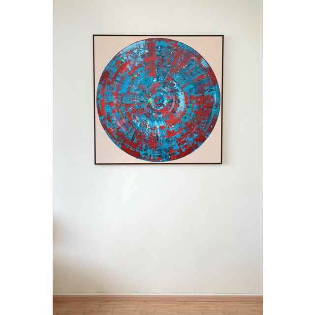 Contemporary Red Blue Circle, Contemporary Painting on Canvas, Framed For Sale - Image 3 of 11