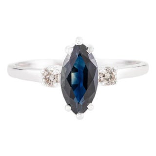 Vintage 14k Gold Deep Blue Sapphire & Diamond Navette Ring Size 5 For Sale