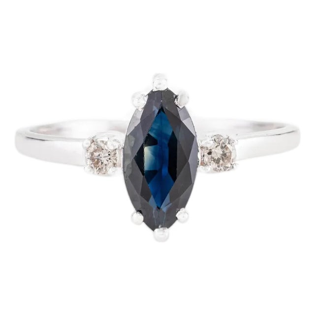 Vintage 14k Gold Deep Blue Sapphire & Diamond Navette Ring Size 5 For Sale