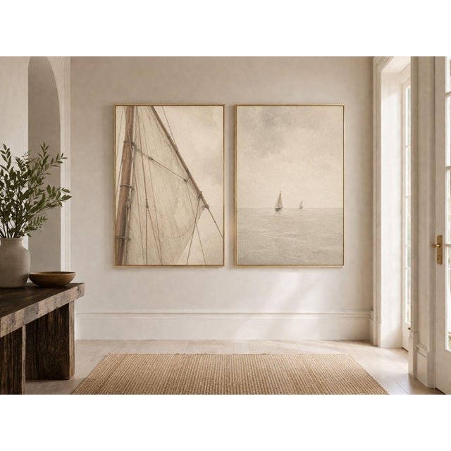 A refined pair of coastal studies featuring a detailed nautical rigging composition and a soft horizon sailboat scene....