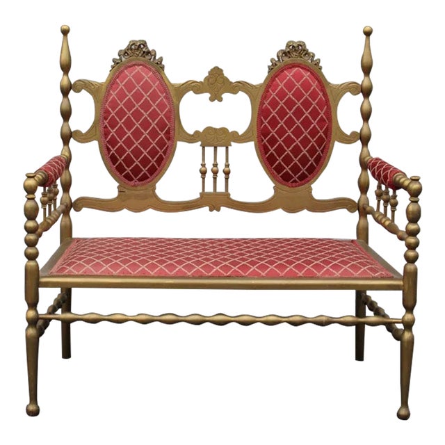 Mid 20th Century Antique Victorian Gilded Window Bench, Loveseat, New Upholstery For Sale