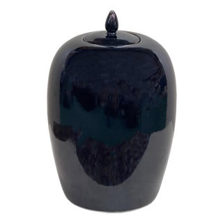 Black Monochrome Minimalistic Ovoid Round Teardrop Finial Lid Ceramic Jar For Sale