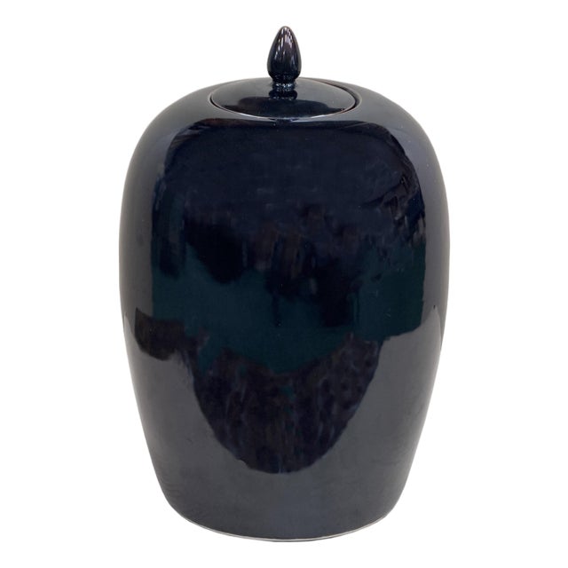 Black Monochrome Minimalistic Ovoid Round Teardrop Finial Lid Ceramic Jar For Sale