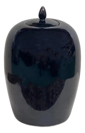 Black Monochrome Minimalistic Ovoid Round Teardrop Finial Lid Ceramic Jar