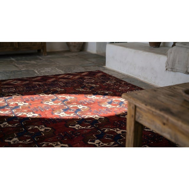 1870s Red Tribal Geometric Antique Russian Tekke Turkmen Carpet 7' X 10'6" Knotted Wool Rug For Sale - Image 14 of 15