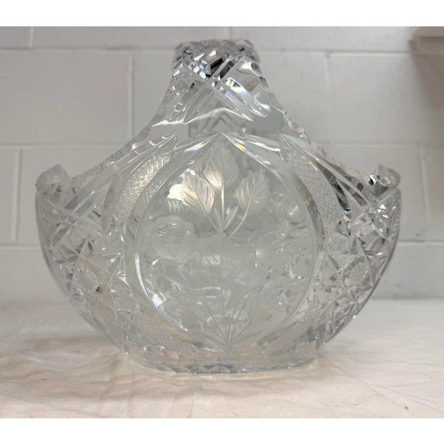Large Vintage Hand Cut Clear Crystal Glass Flower Basket Centerpiece Bowl For Sale - Image 4 of 13
