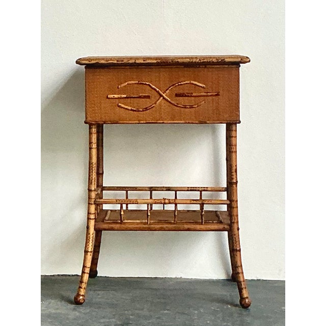 Wood Vintage Boho Woven Rattan Pedestal Lidded Side Table For Sale - Image 7 of 12