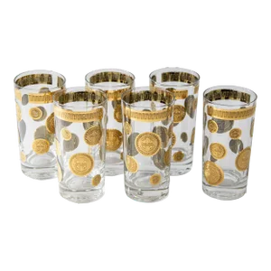 1960s Vintage Fred Press Gold Drinking Glasses Set of 6 Hollywood Regency Retro