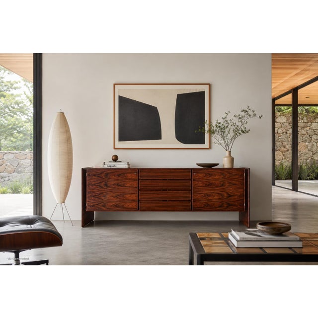 Danish modern rosewood credenza manufactured by Dyrlund in Denmark during the 1970s. A masterclass in Scandinavian...