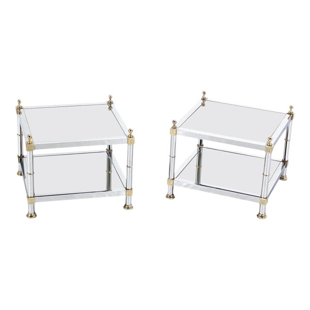 Chrome Brass and Smoked Glass Square End or Side Lamp Tables Stands Mint - A Pair For Sale
