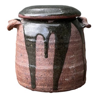 Vintage Original Studio Pottery Drip Glaze Lidded Jar For Sale