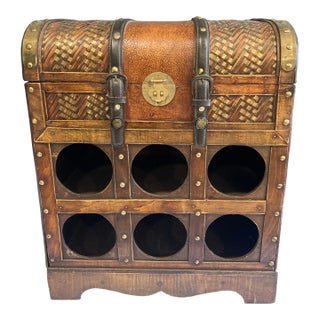 Vintage Trunk Style Wood & Rattan Wine Rack Chest For Sale