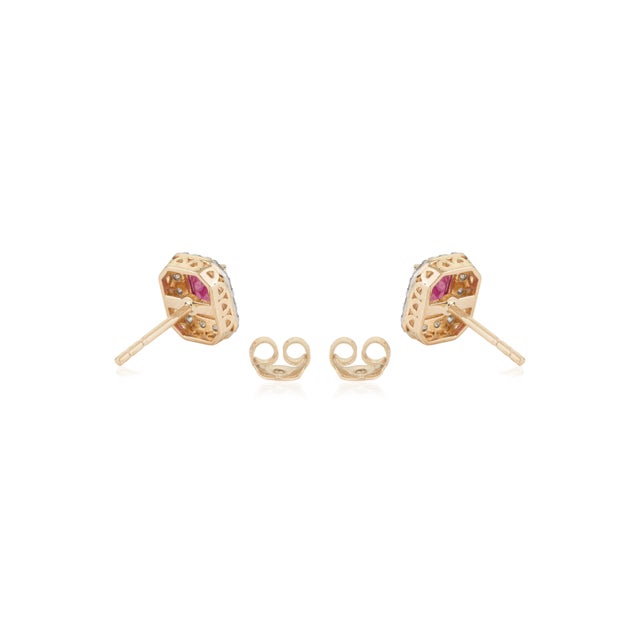 Ruby Red 1.1ct Emerald Cut Mozambique Ruby Diamond Halo Stud Earrings in 14k Gold- A Pair For Sale - Image 8 of 12