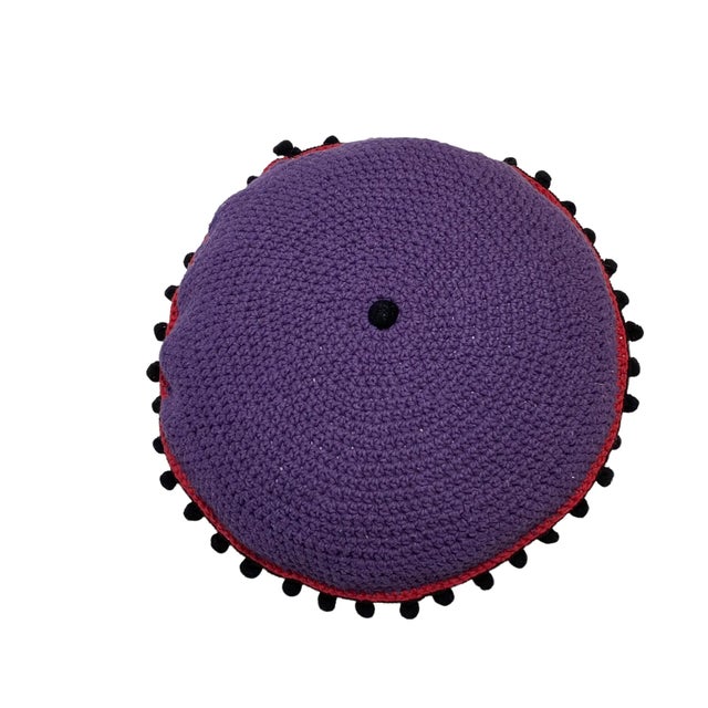 Handmade Round Red and Purple Crochet Pillow With Tassels For Sale In New York - Image 6 of 7