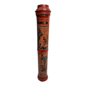 19th C Burmese Lacquered Bamboo Manuscript Tube W/ Inscription, Original Lid, 14” Sa Dauk