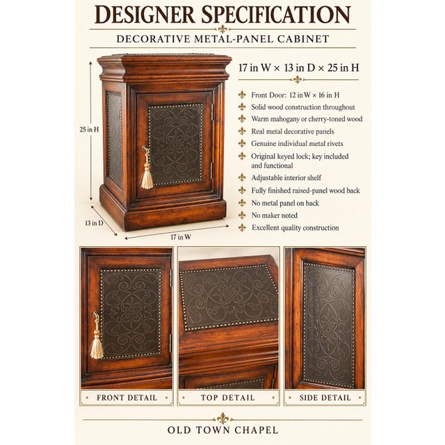 Late 20th Century Vintage Solid Wood Locking Accent Cabinet With Engraved Metal Panels For Sale - Image 5 of 6