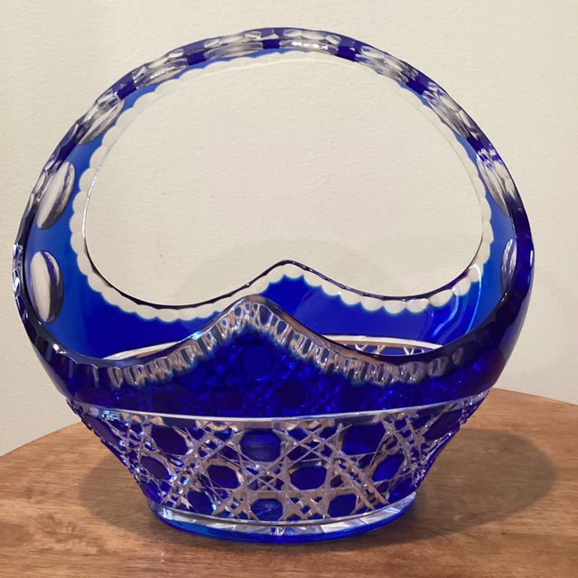 French Vintage Limited Edition Cobalt Blue Cut to Clear Bohemian Crystal Centerpiece Basket For Sale - Image 3 of 13
