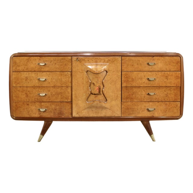Mid-Century Modern Italian Walnut Burl and Brass Sideboard, 1950s For Sale