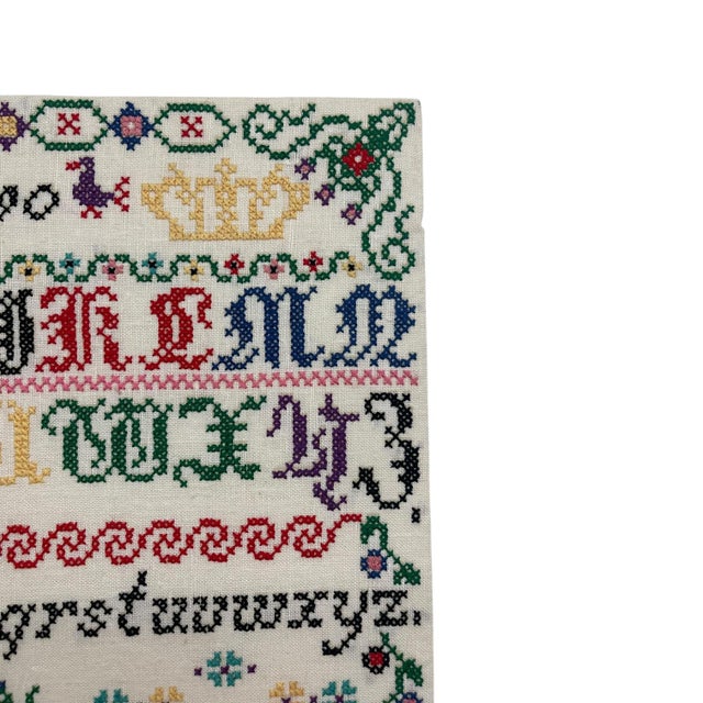 1970s Vintage Hand-Stitched Cross Stitch Alphabet Sampler Needlework Folk Art Textile For Sale - Image 5 of 10