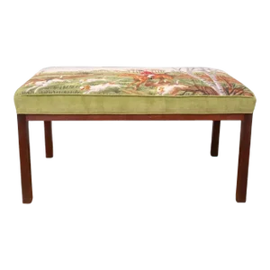 Mid Century Rosewood Bench With Hunt Scene Needlepoint Upholstery